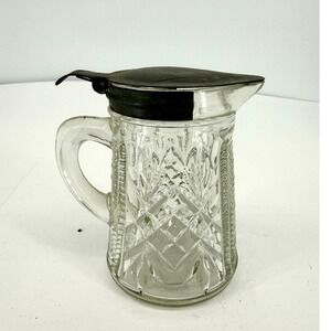 Vintage EAPG Pressed Glass Syrup Pitcher Metal Lid 4.75" Early American Pattern‎